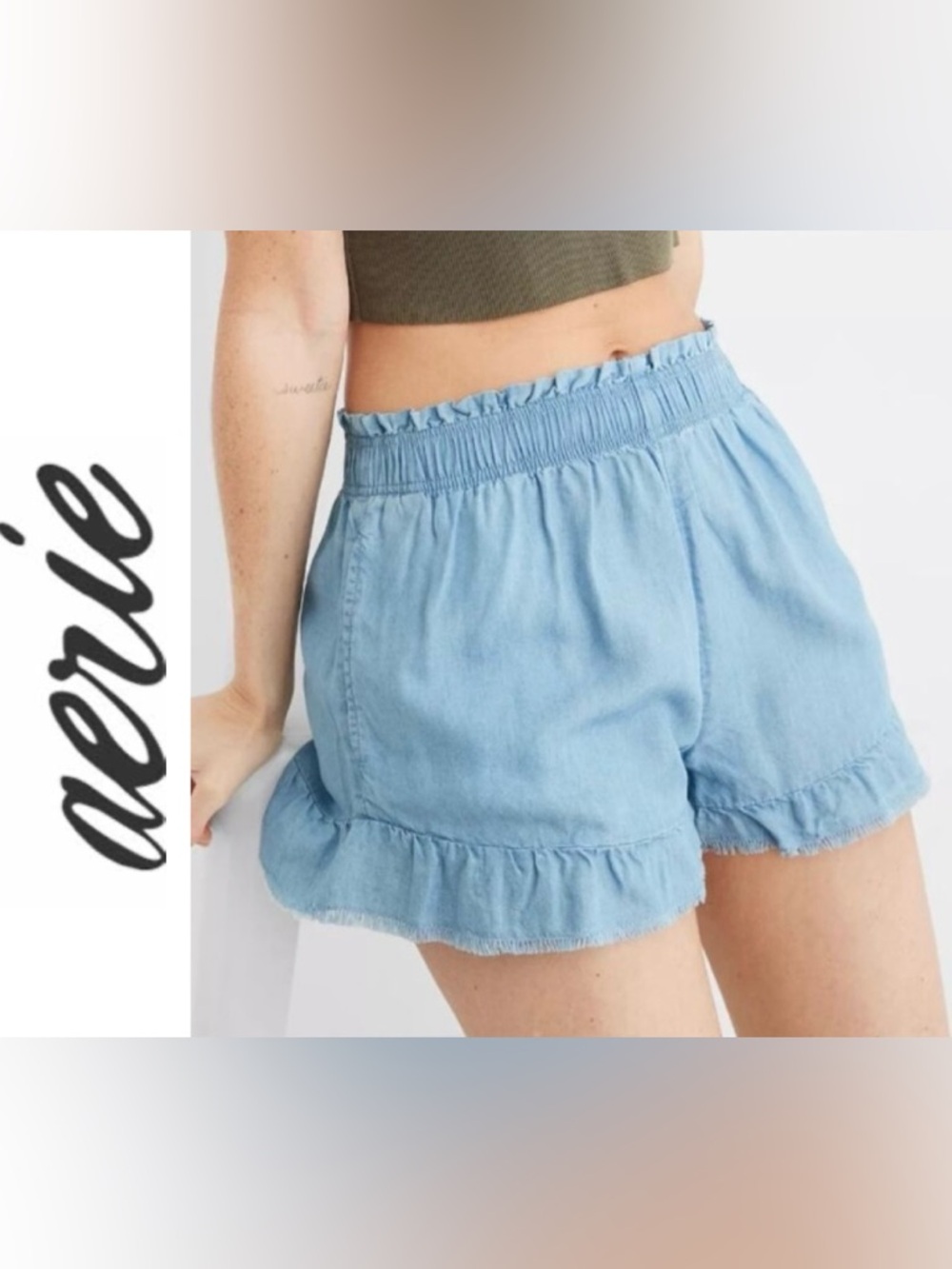 Aerie Women’s Sz M Chambray Ruffle‎ High Rise Shorts
